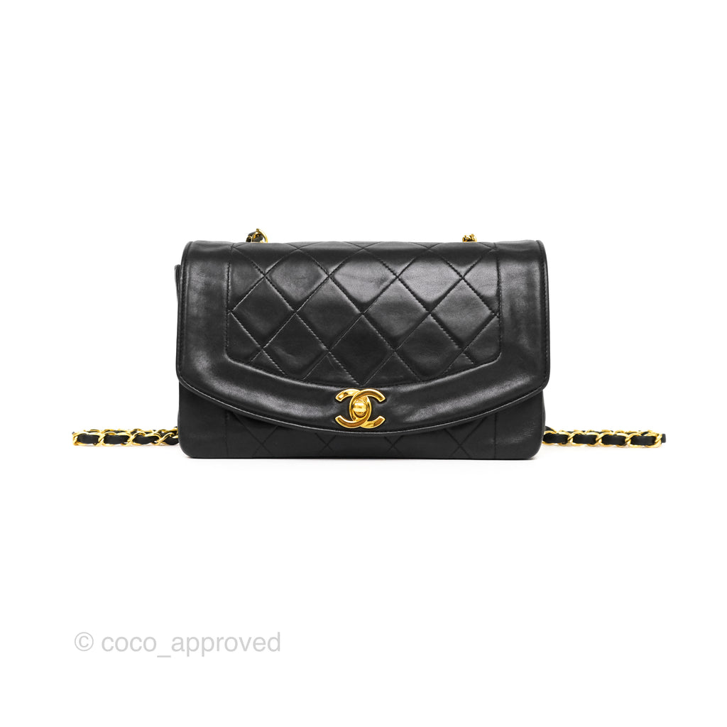 Chanel Vintage Small Classic Diana Quilted Black Lambskin 24K Gold Hardware