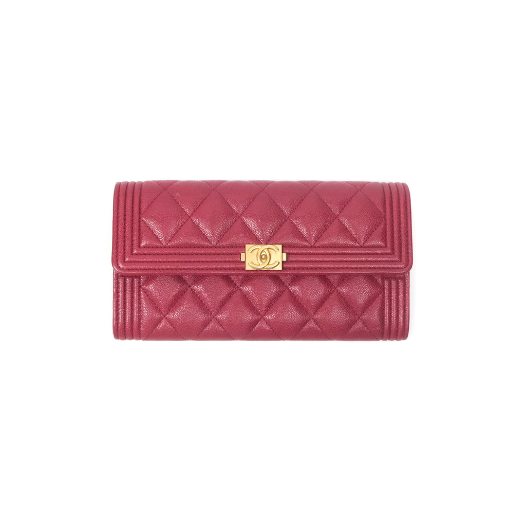 Chanel Quilted Boy Flap Long Wallet Dark Red Caviar Aged Gold Hardware