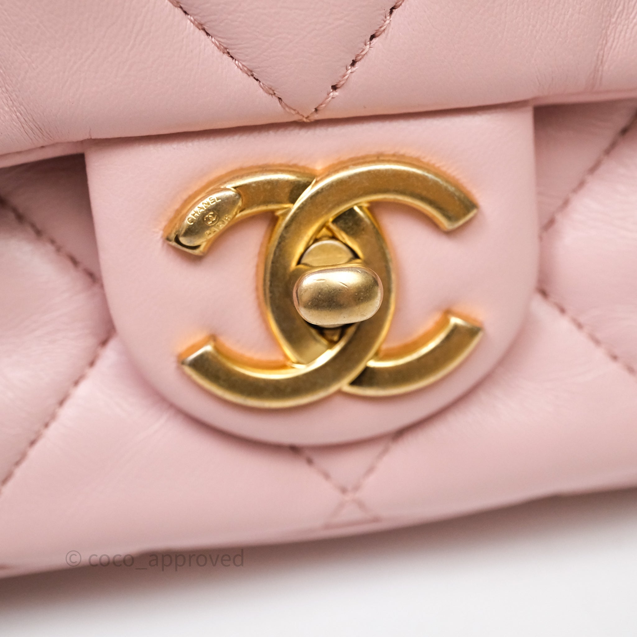Chanel Pink Lambskin Flap Bag With Distinctive Coin Chain Gold