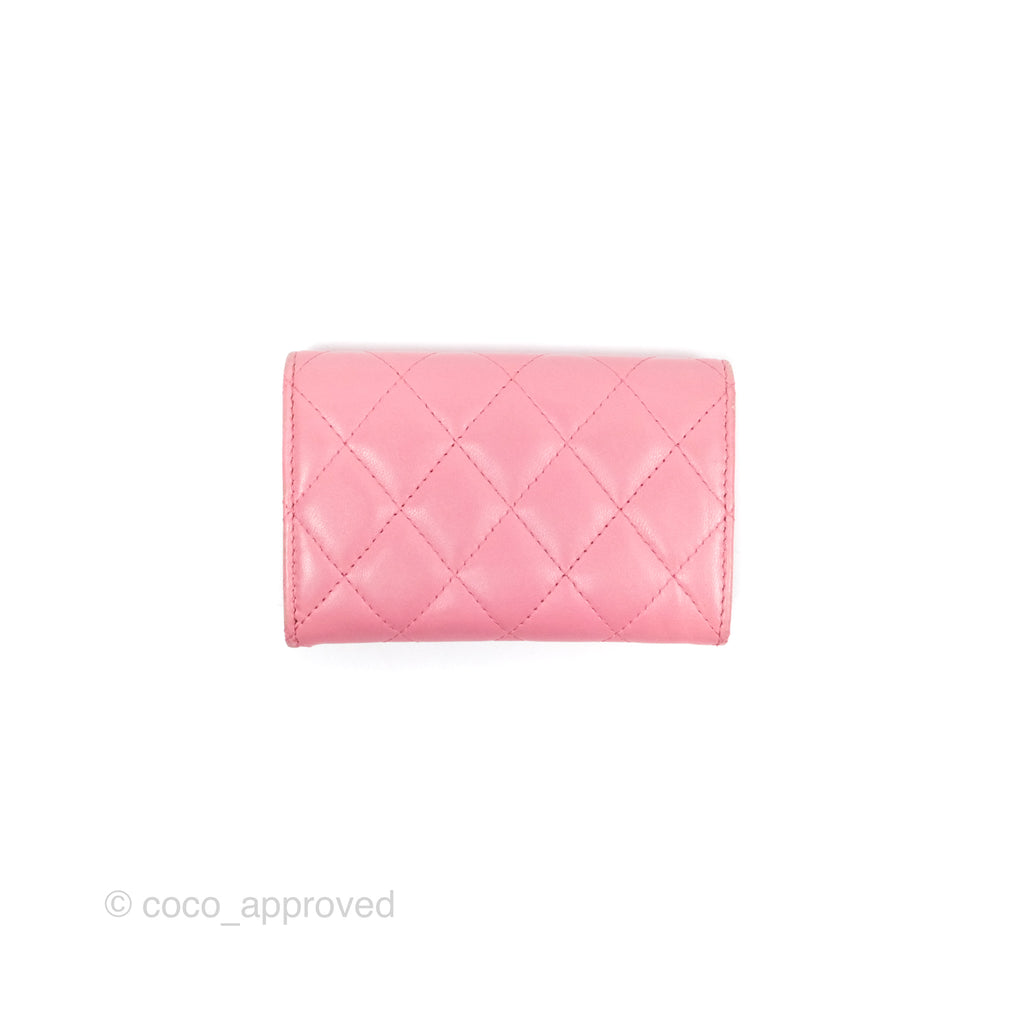 Chanel Quilted Flap Card Holder Pink Lambskin Silver Hardware