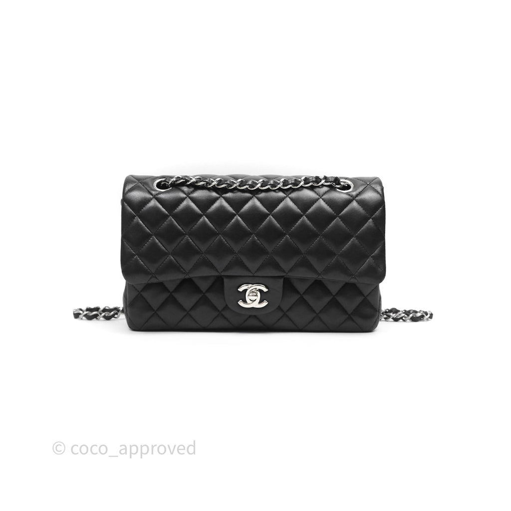 Chanel Classic M/L Medium Flap Quilted Black Lambskin Silver Hardware