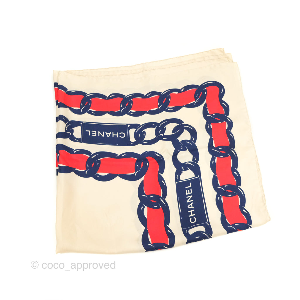 Chanel Square Silk Scarf Ivory/ Red/ Navy