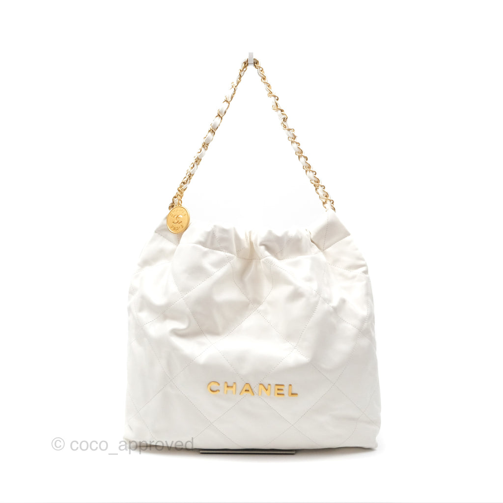Chanel 22 Medium White Shiny Calfskin Aged Gold Hardware