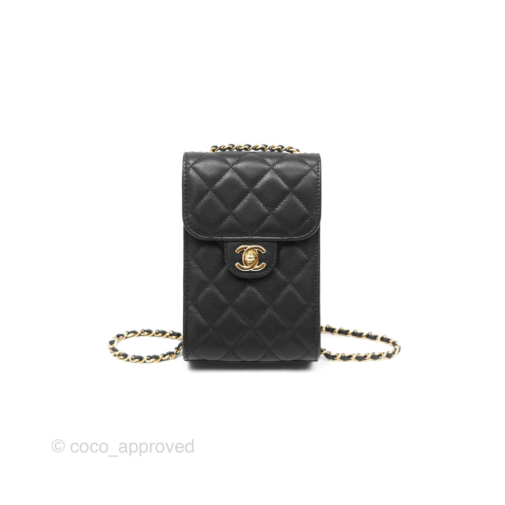 Chanel Classic Quilted Phone Holder Black Caviar Gold Hardware