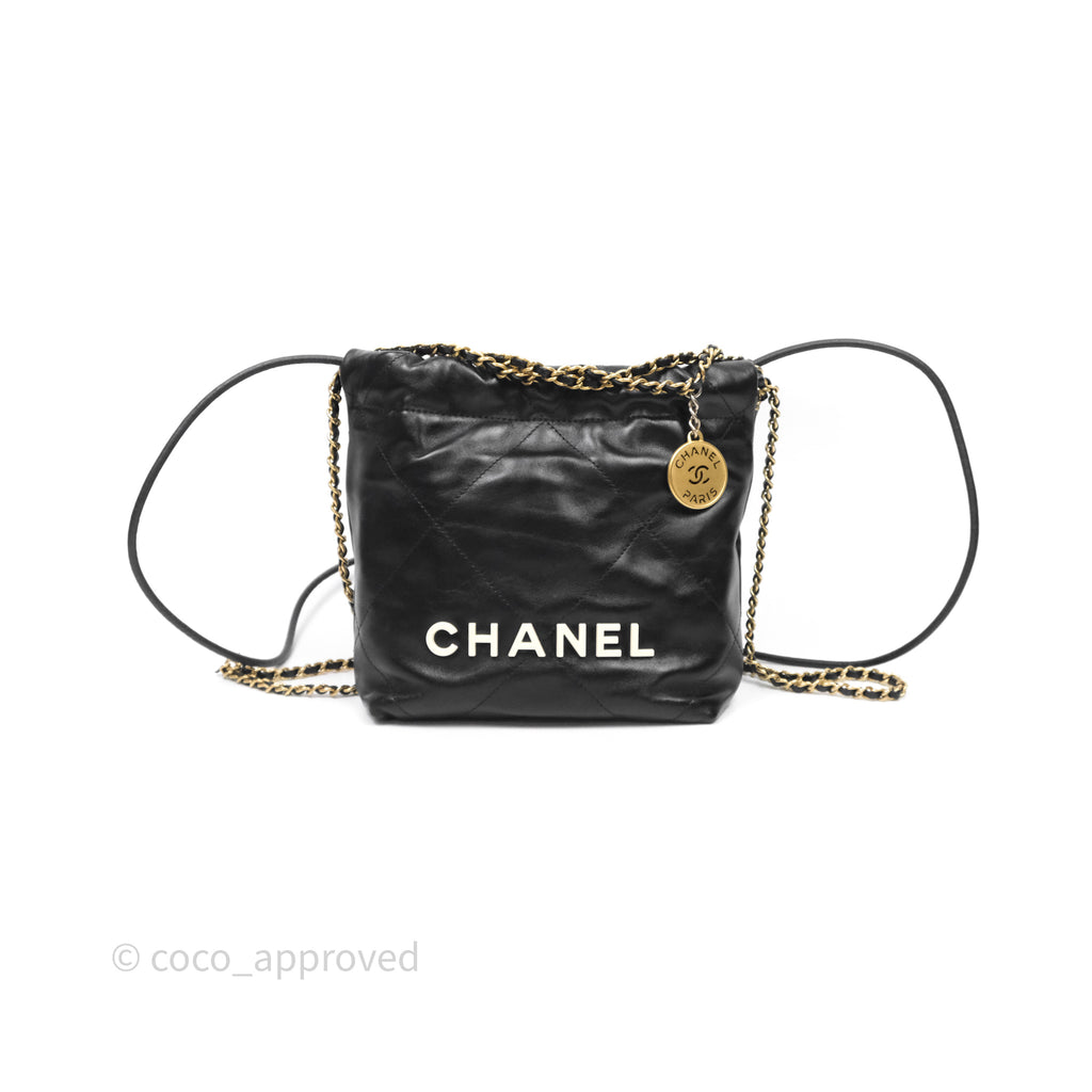 Chanel 22 Mini Bag Black Crumpled Calfskin White Lacquered Metal Logo