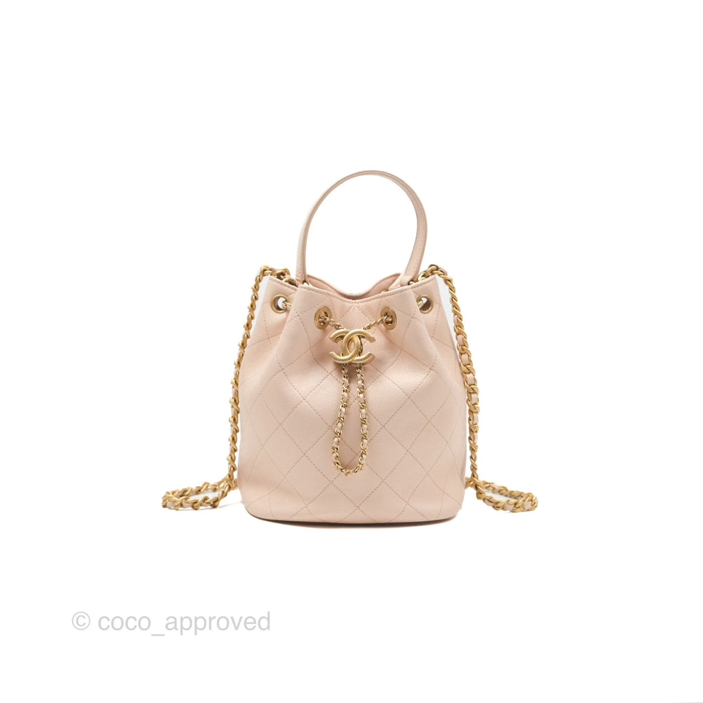 Chanel Quilted Top Handle Drawstring Bucket Bag Pink Caviar Aged Gold Hardware