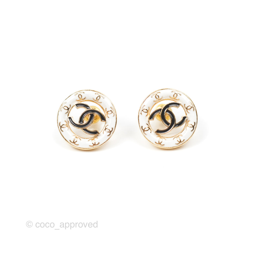Chanel CC Round Earrings White/Black Gold Tone 24P