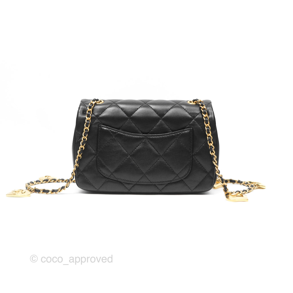 Chanel Mini Flap Bag With Heart CC Charm Black Lambskin Aged Gold Hardware