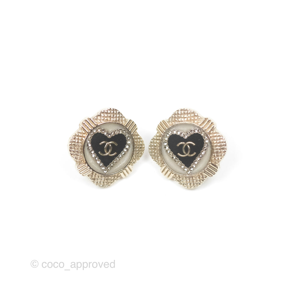 Chanel CC Heart Black Earrings Gold Tone 21A