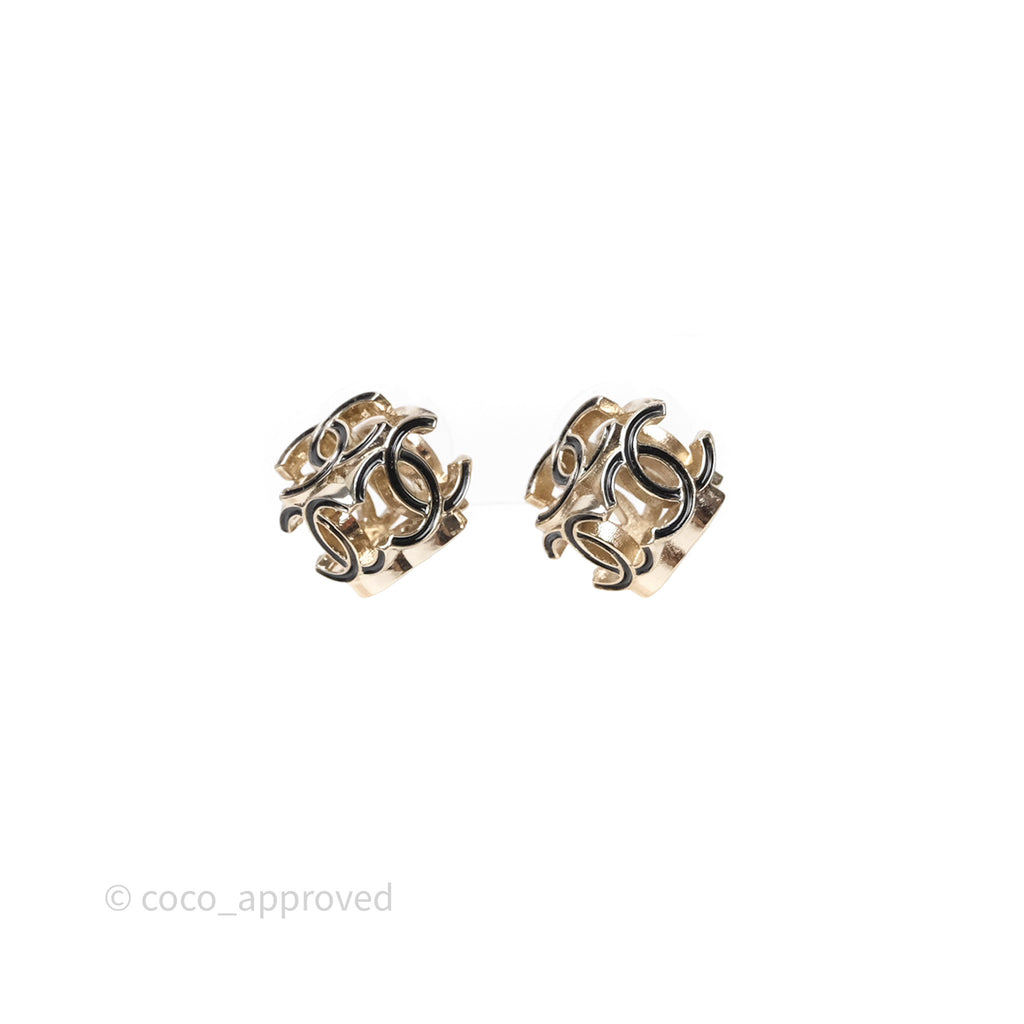 Chanel CC Gold/Black Cube Earrings Gold Tone 22K