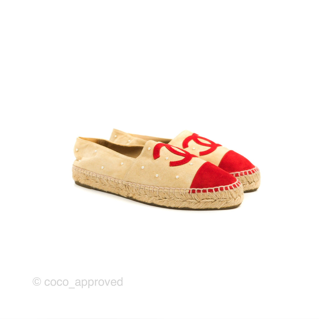 Chanel CC Beige Red Espadrilles with Pearl Size 39