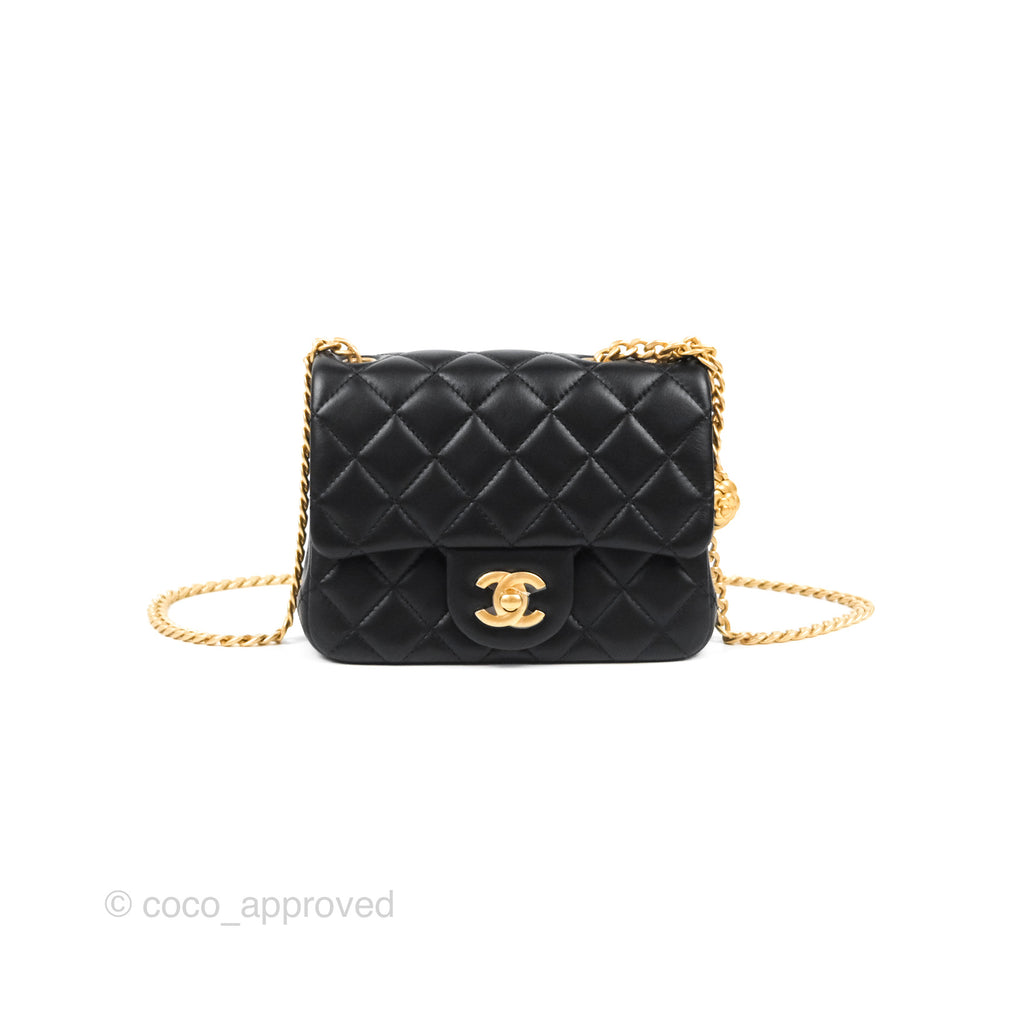 Chanel Quilted Mini Square Flap with Camellia Adjustable Chain Black Lambskin 23S