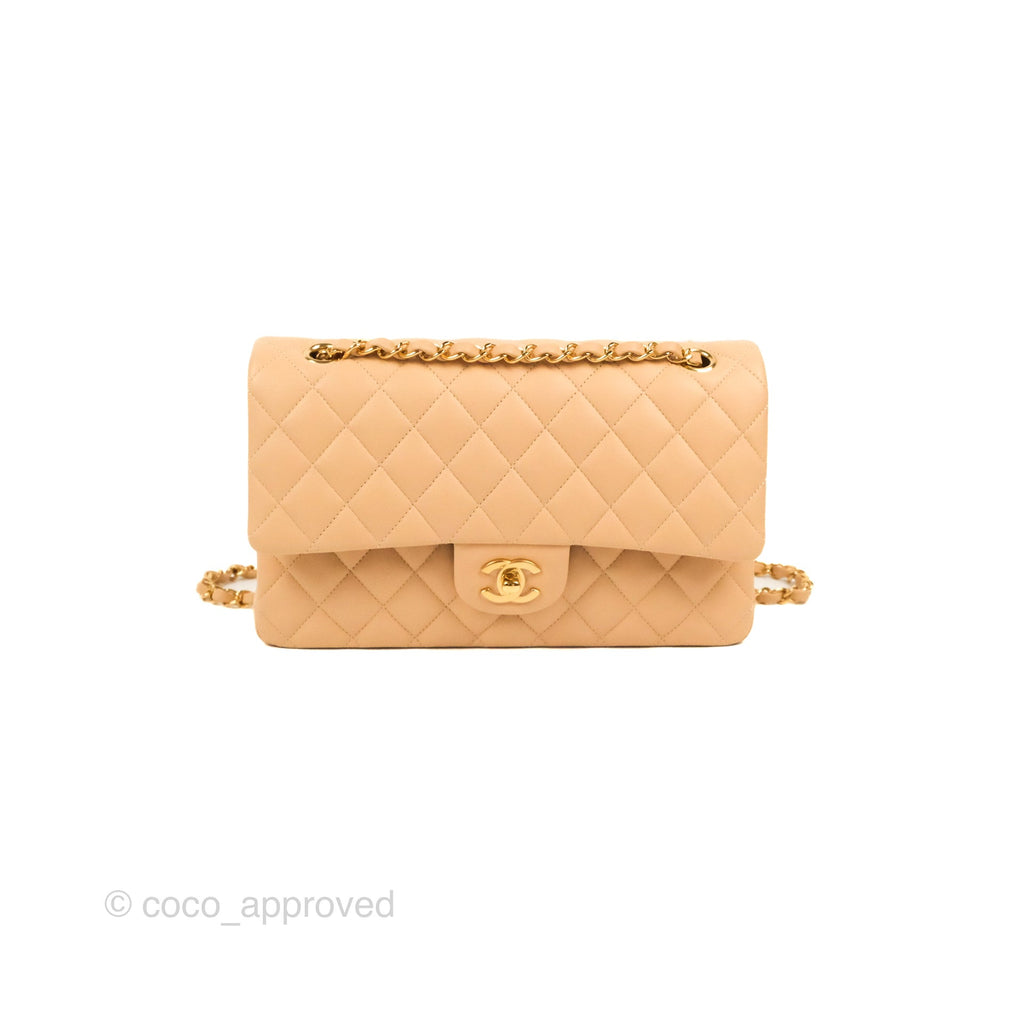 Chanel Classic M/L Medium Flap Quilted Beige Lambskin Gold Hardware