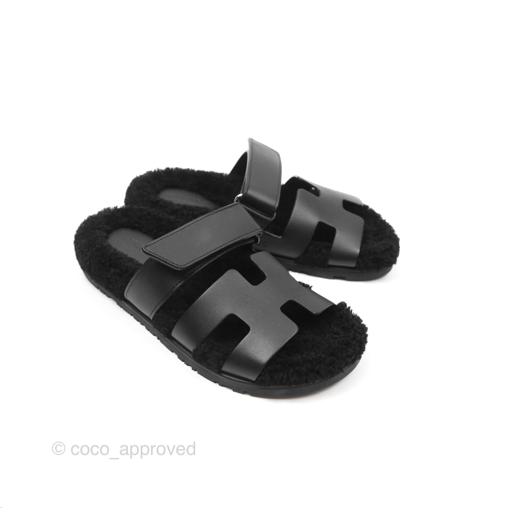 Hermès Chypre Sandal Shearling Black Calfskin Size 36