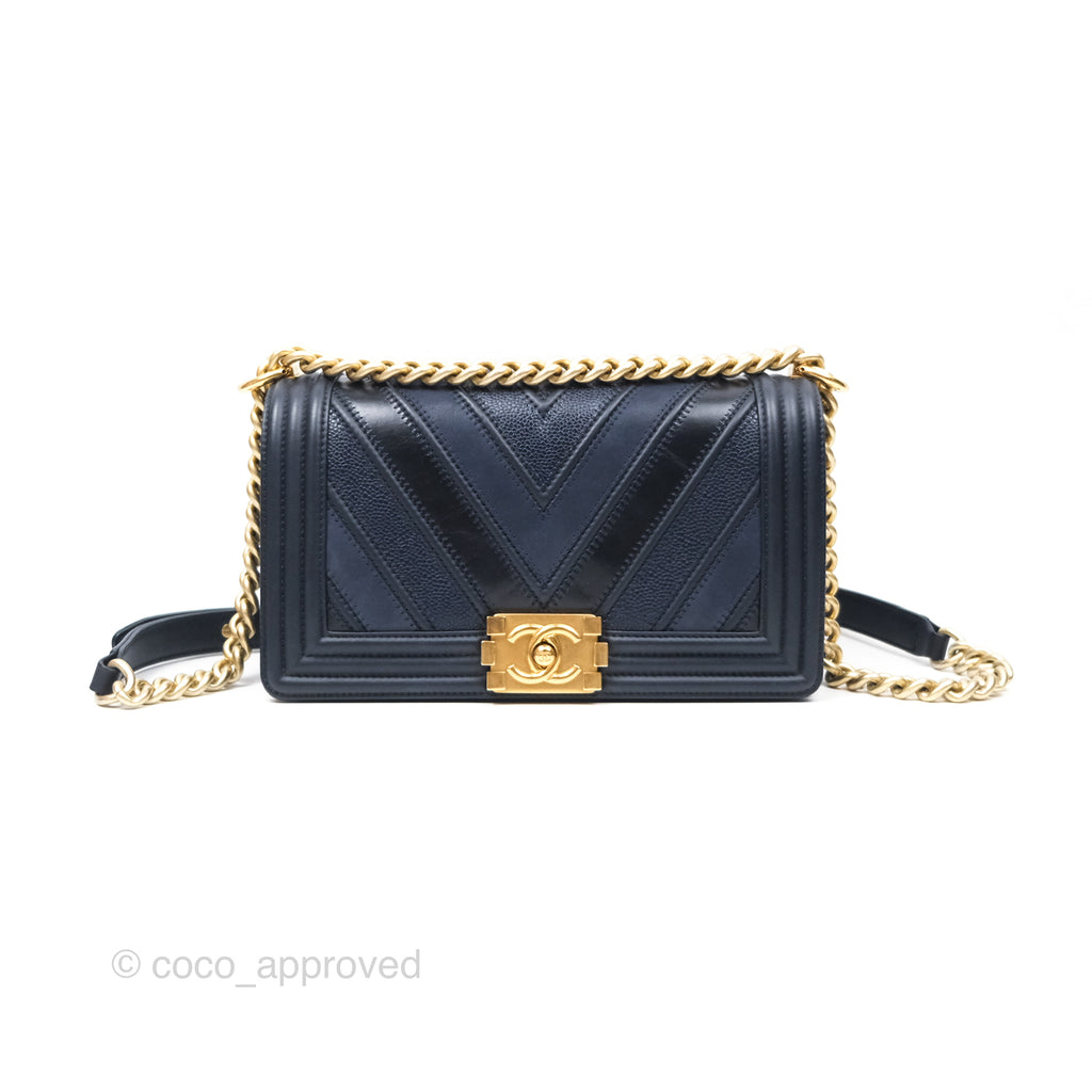 Chanel Medium Boy Chevron Navy Caviar/ Calfskin/ Suede Aged Gold Hardware