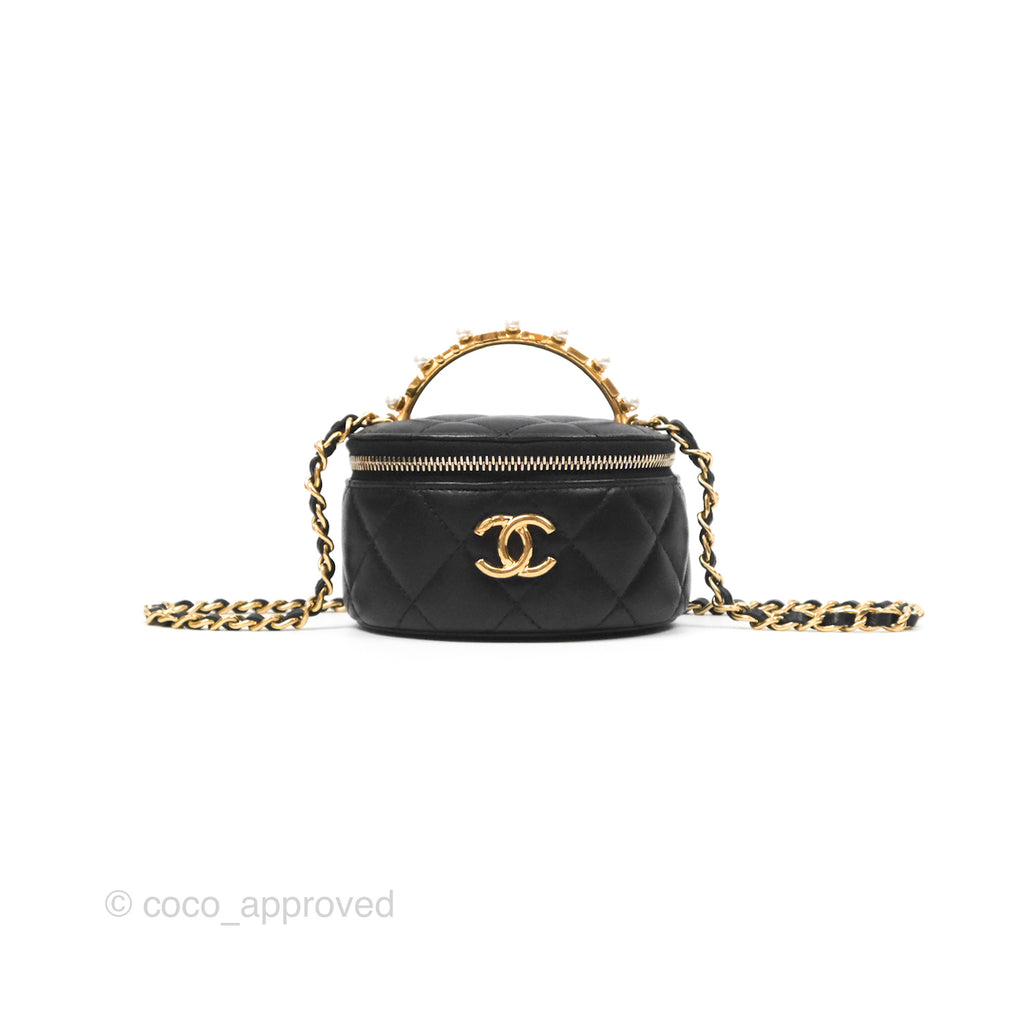 Chanel Pearl Logo Handle Mini Vanity Black Lambskin Aged Gold Hardware 23B