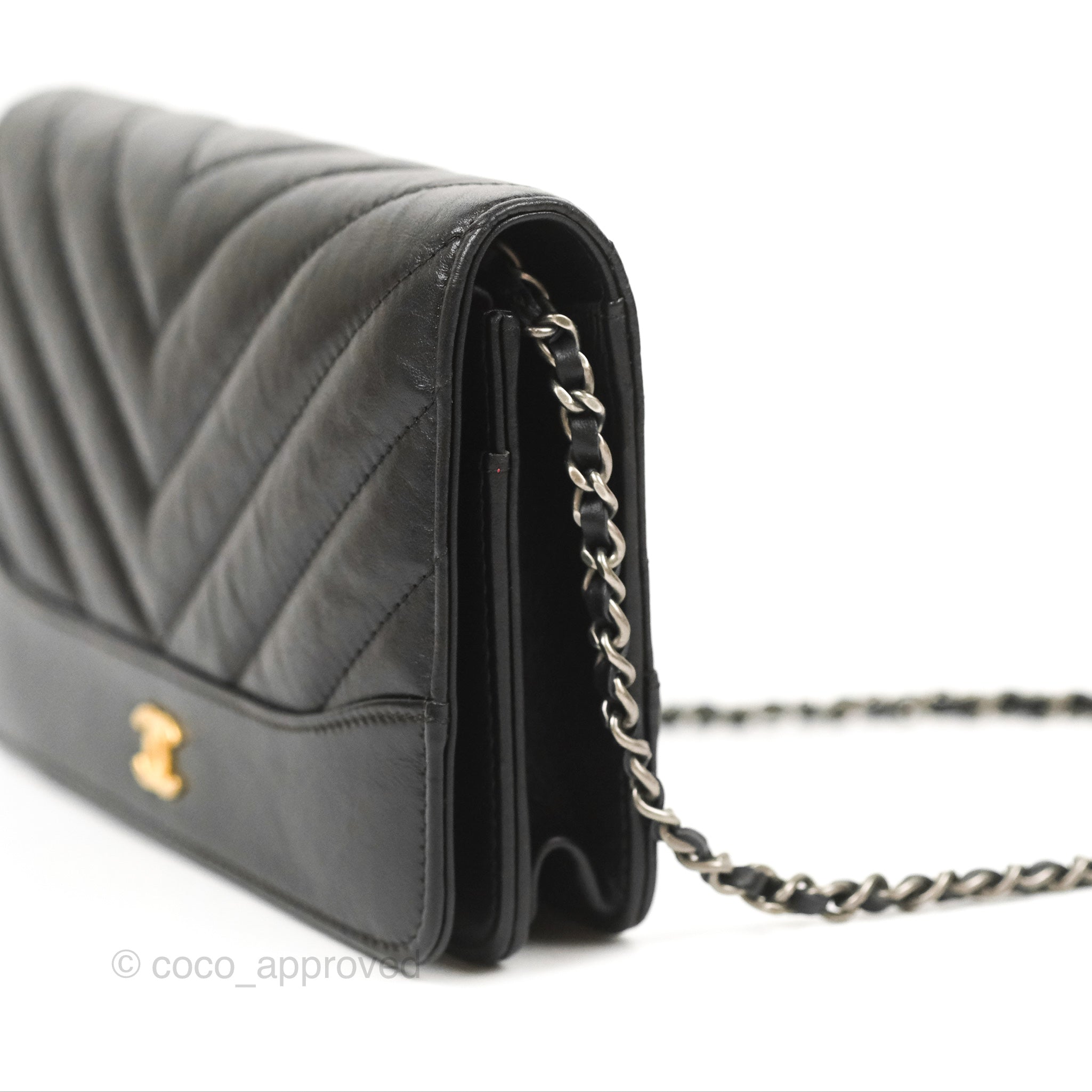 Chanel Chevron Wallet on Chain WOC Black Calfskin Gold Hardware