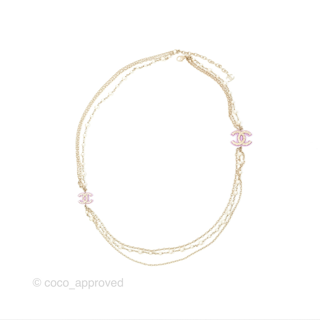 Chanel Purple CC Pearl Chain Long Necklace Gold Tone 15B