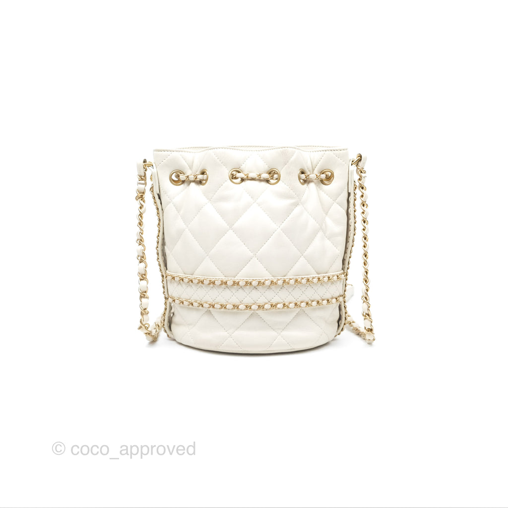 Chanel Quilted Drawstring Bucket Bag Ivory Lambskin Aged Gold Hardware