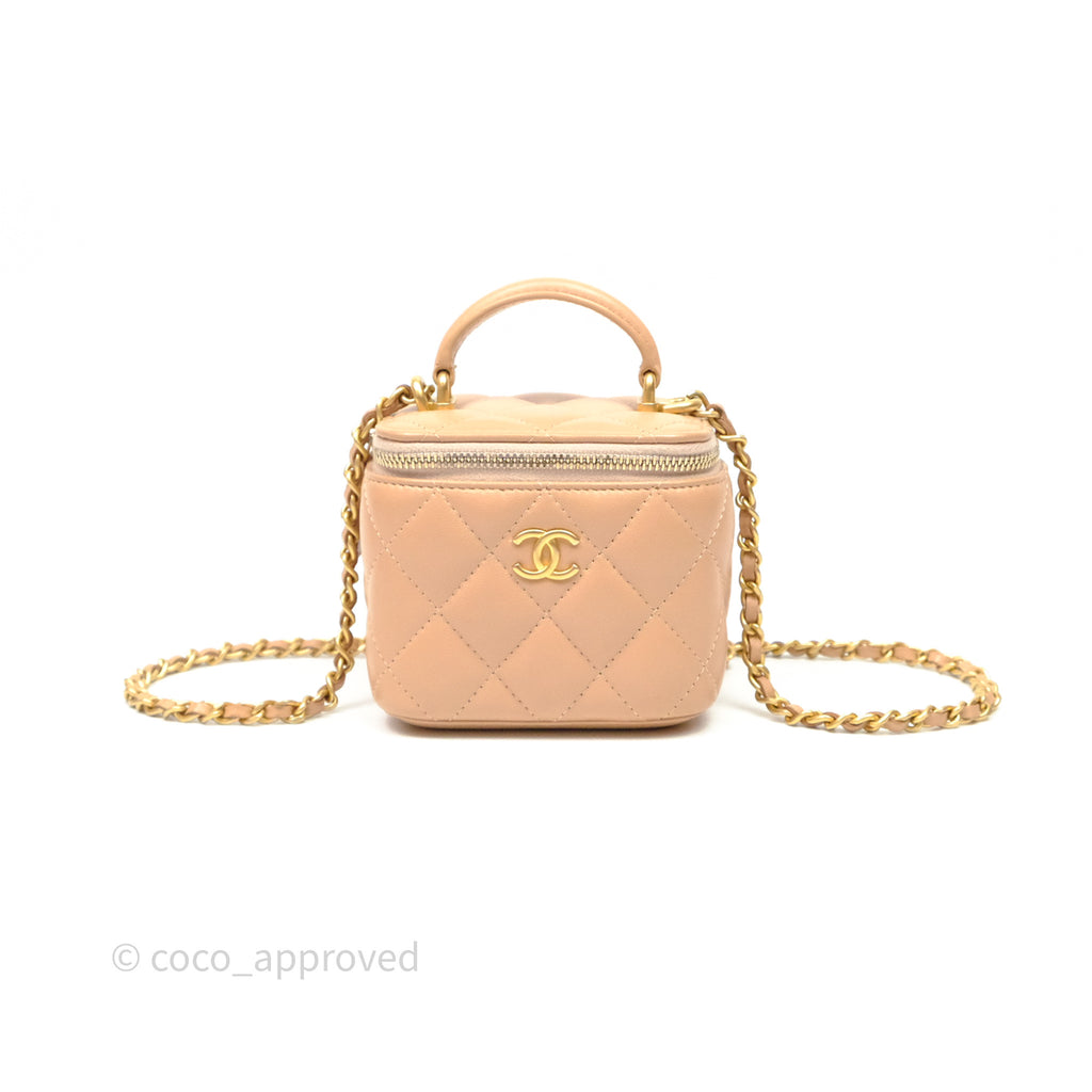 Chanel Mini Top Handle Vanity With Chain Beige Lambskin Aged Gold Hardware