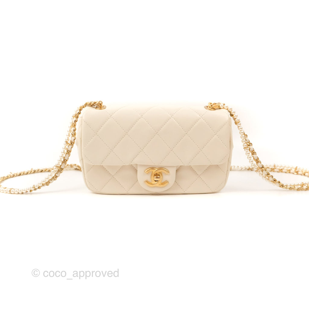 Chanel Mini Rectangular With Pearl Strap Quilted White Goatskin Aged Gold Hardware