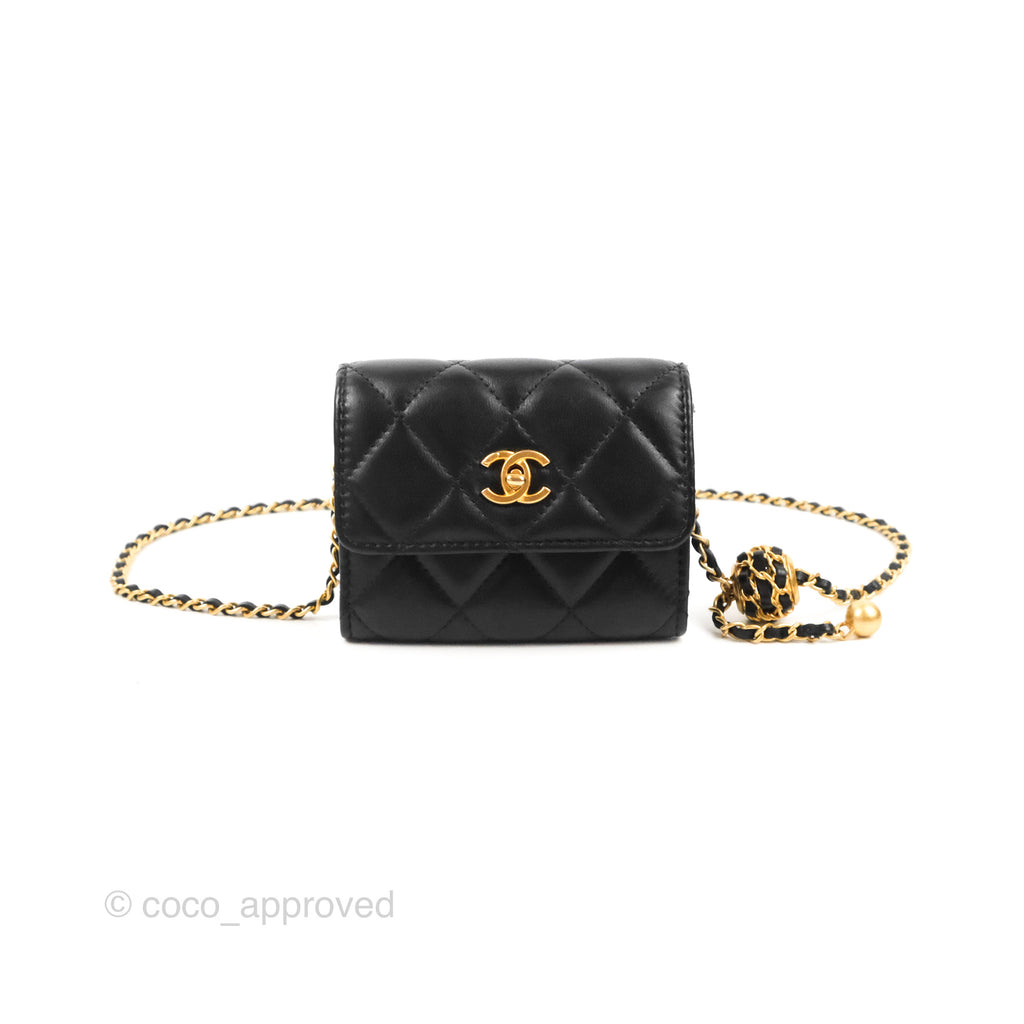 Chanel Pearl Crush Mini Clutch With Chain Black Lambskin Aged Gold Hardware