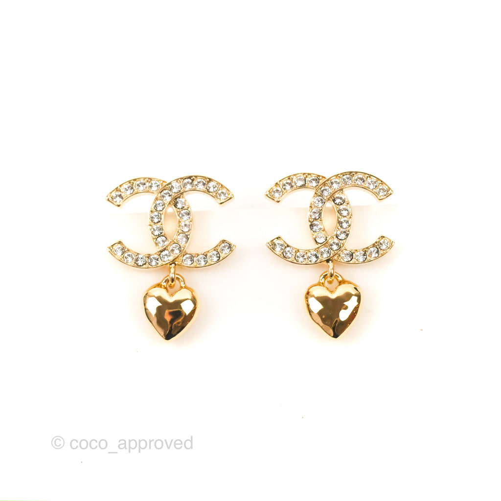 Chanel CC Crystal Heart Drop Earrings Gold Tone 23P