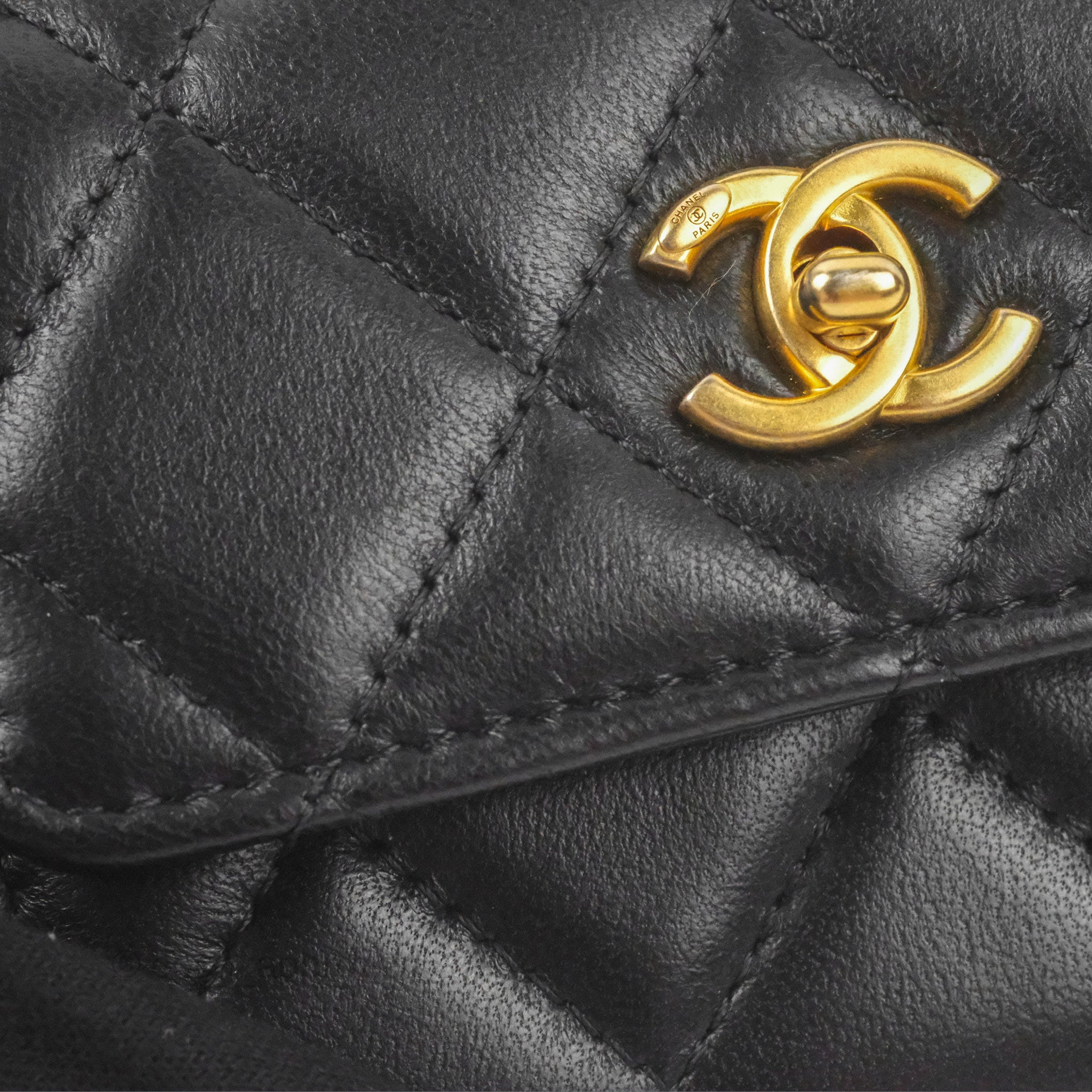 Chanel Pearl Crush Mini Clutch With Chain Black Lambskin Aged Gold