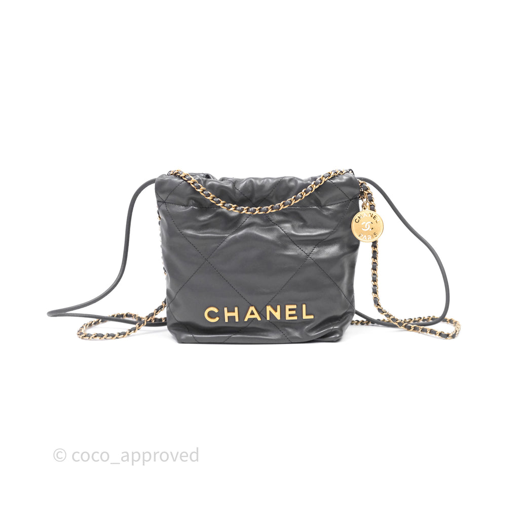 Chanel 22 Mini Bag Dark Grey Shiny Crumpled Calfskin Aged Gold Hardware