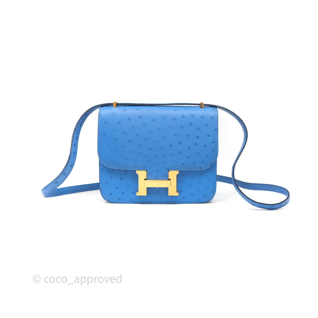 Hermes Mini Constance Ostrich Blue Bleuet O7 Gold Hardware