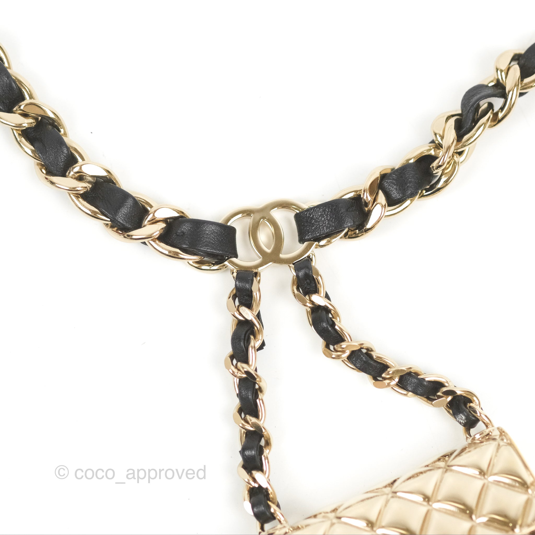 Chanel Flap Bag Charm Woven Chain Belt Black Leather Gold 