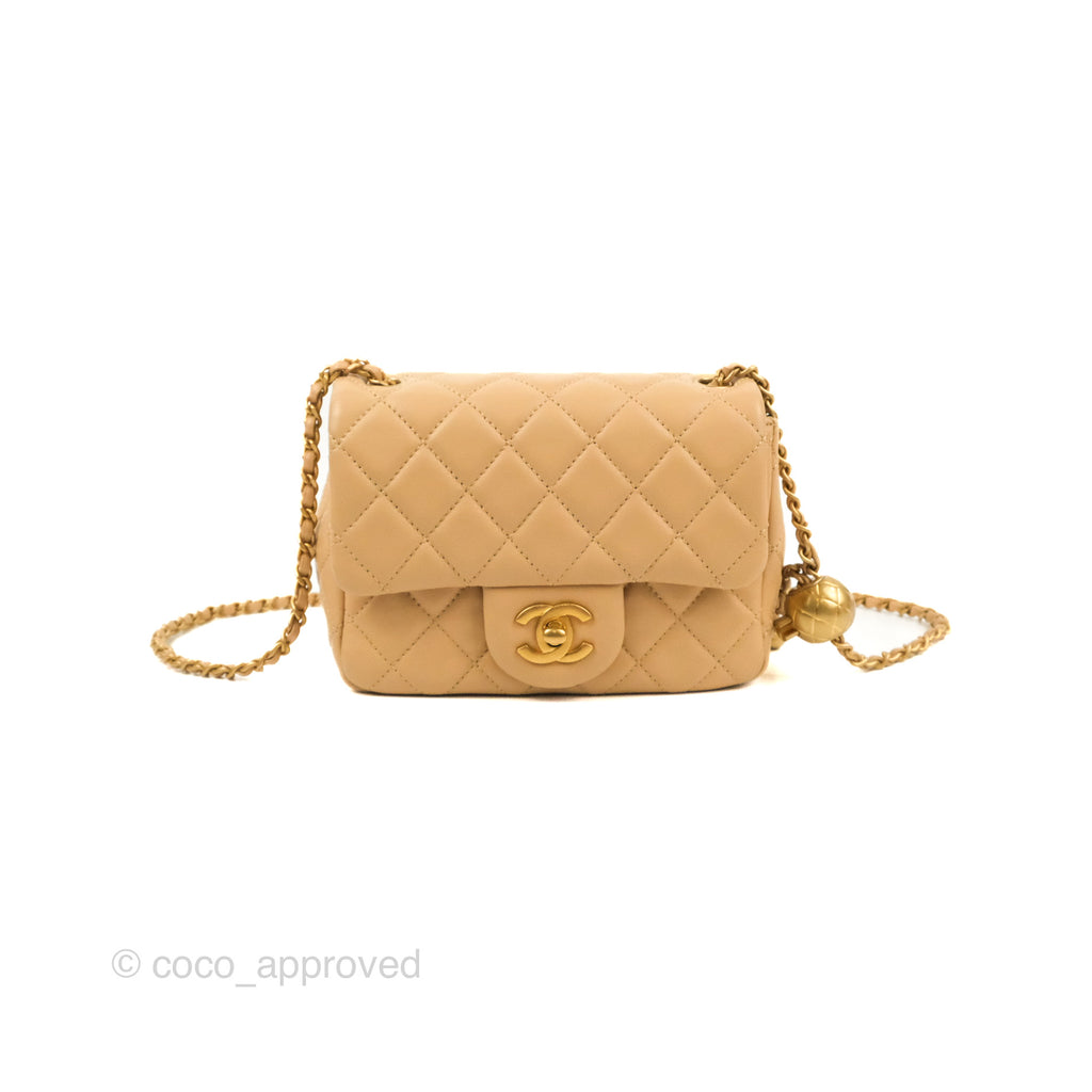 Chanel Mini Square Pearl Crush Beige Lambskin Aged Gold Hardware