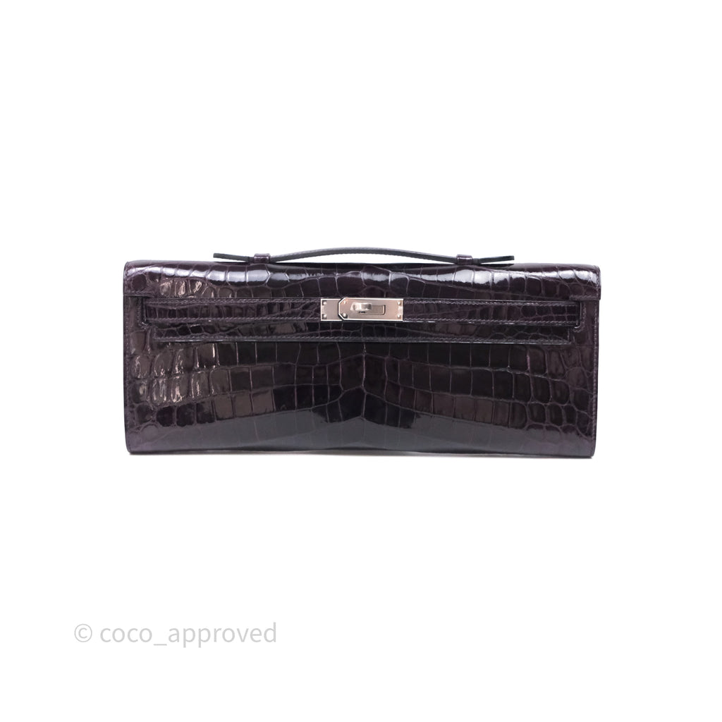 - DM/Email To Purchase - Hermes Kelly Cut Aubergine Shiny Niloticus Crocodile Palladium Hardware