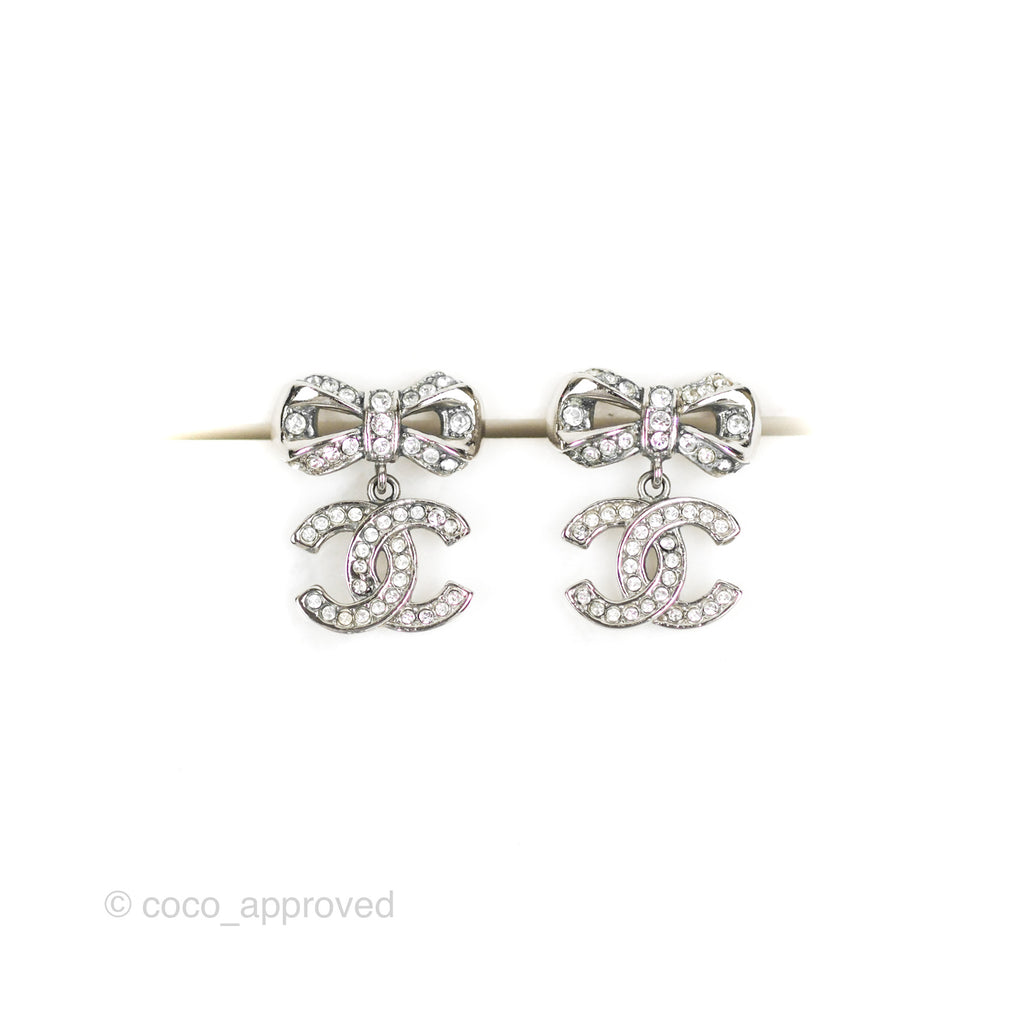 Chanel Crystal CC Bow Knot Earrings Silver Tone 19V
