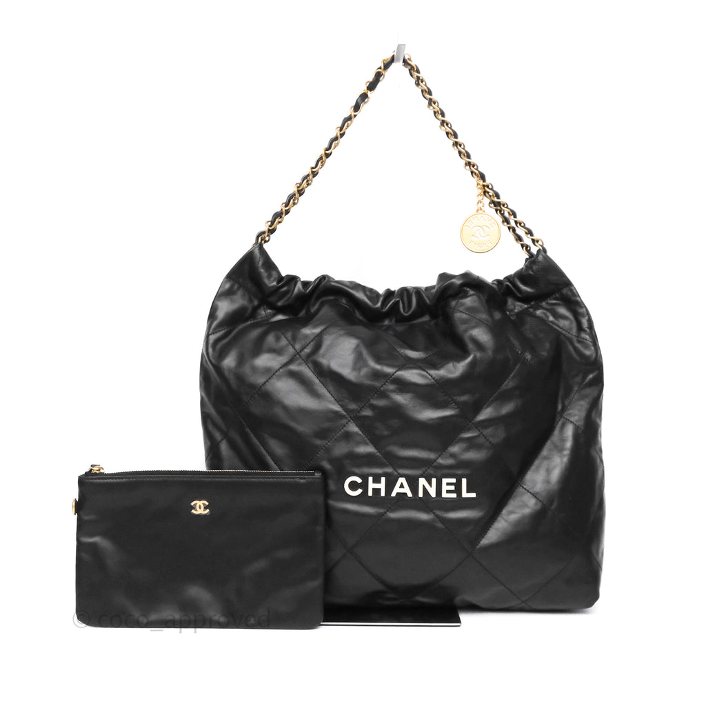 Chanel 22 Medium Black Crumpled Calfskin Aged Gold Hardware