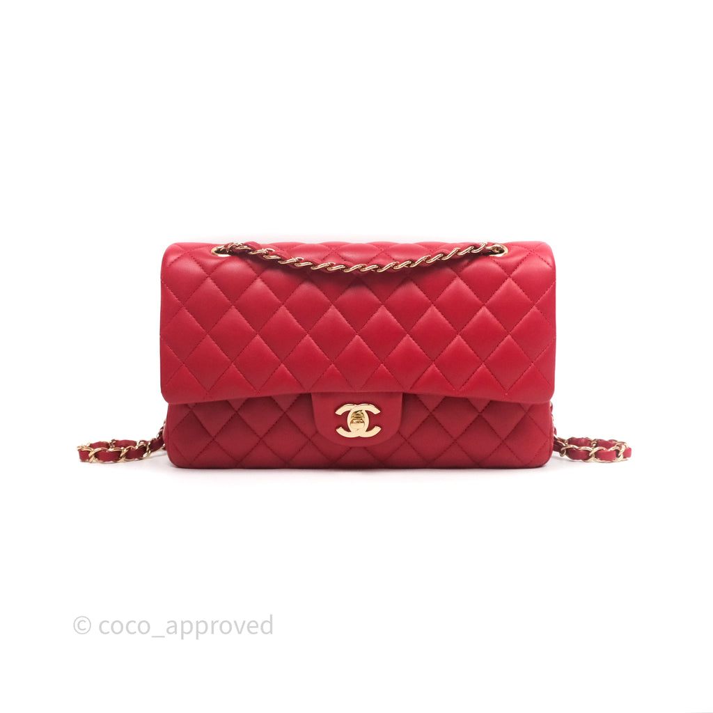 Chanel Classic M/L Medium Double Flap Red Lambskin Gold Hardware