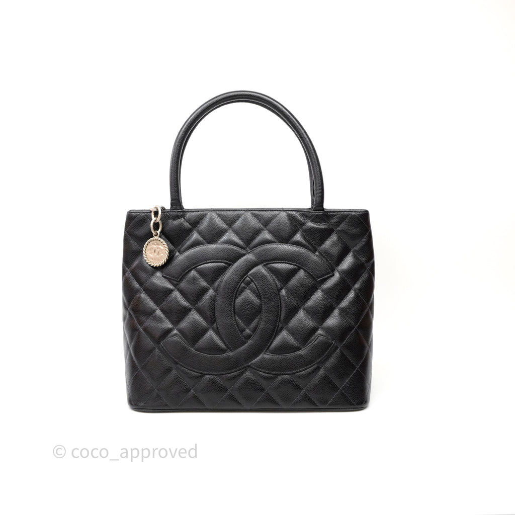 Chanel Vintage Medallion CC Black Caviar Tote Bag Silver Hardware