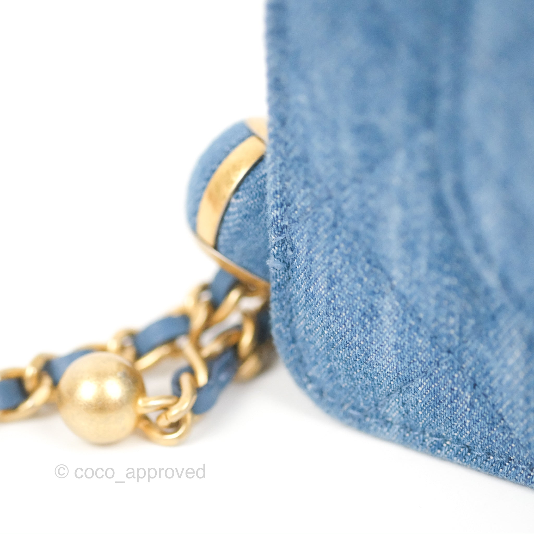 Chanel Quilted Pearl Crush Wallet on Chain WOC Denim Aged Gold Hardwar –  Coco Approved Studio