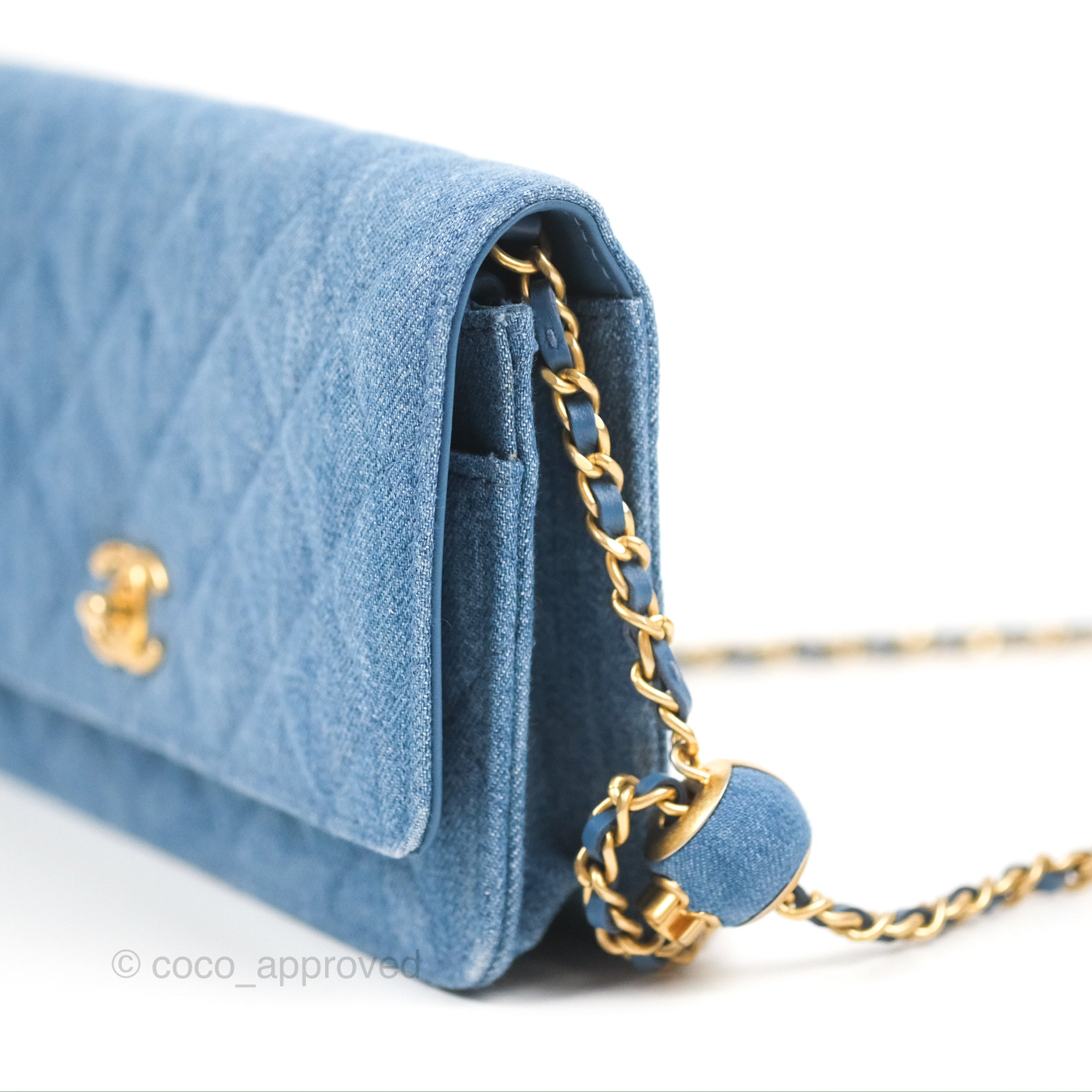 Chanel Quilted Pearl Crush Wallet on Chain WOC Denim Aged Gold Hardwar –  Coco Approved Studio