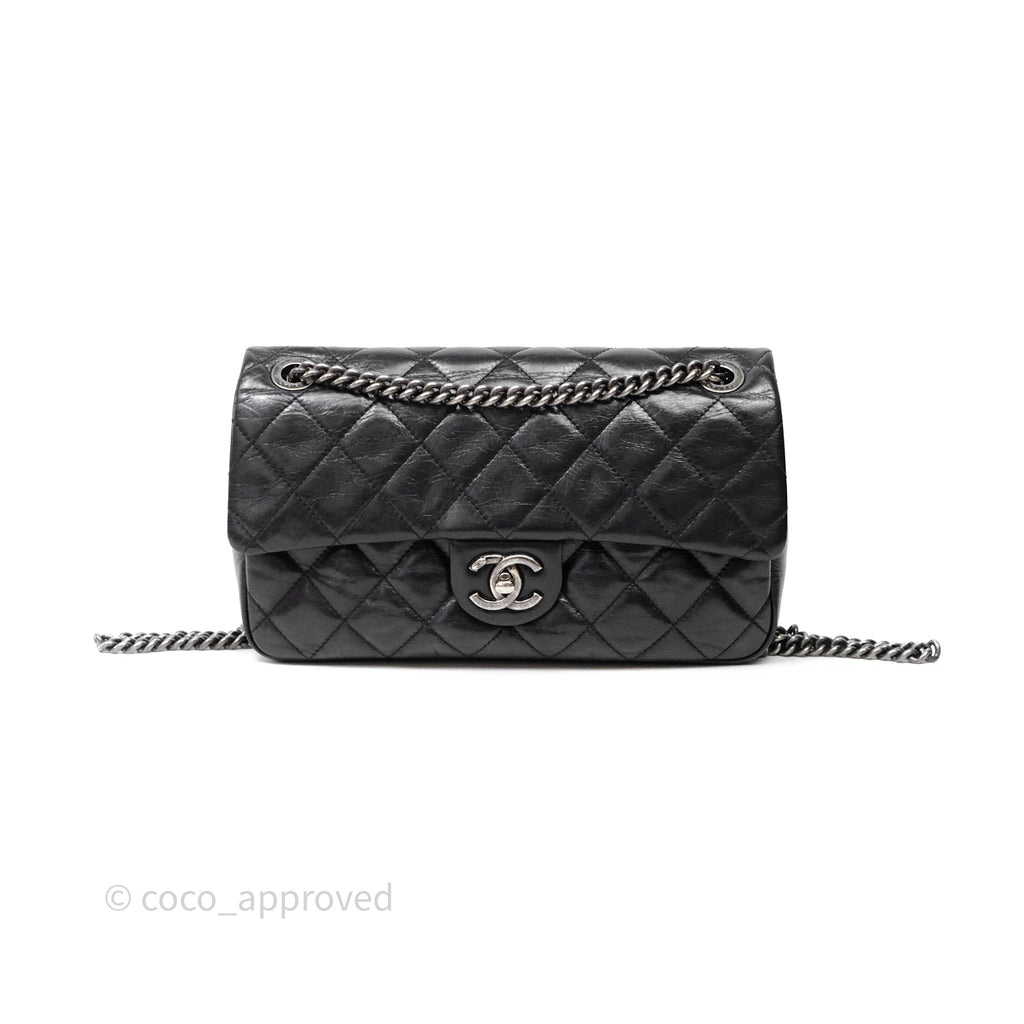 Chanel Flap Bag Black Glazed Calfskin Ruthenium Hardware