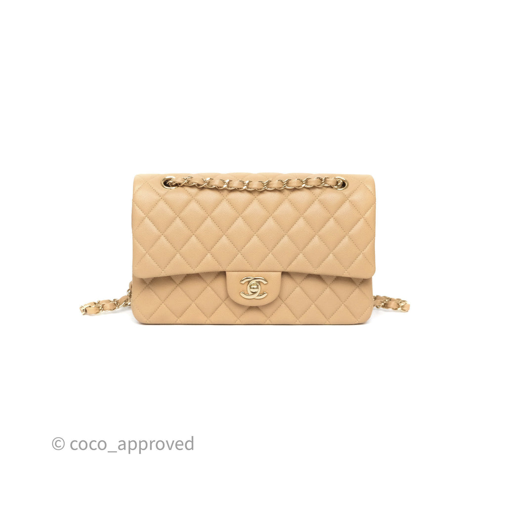 Chanel Classic M/L Medium Flap Quilted Beige Caviar Gold Hardware