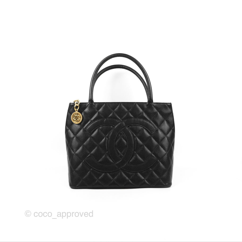 Chanel Vintage Medallion CC Tote Bag Black Caviar Gold Hardware