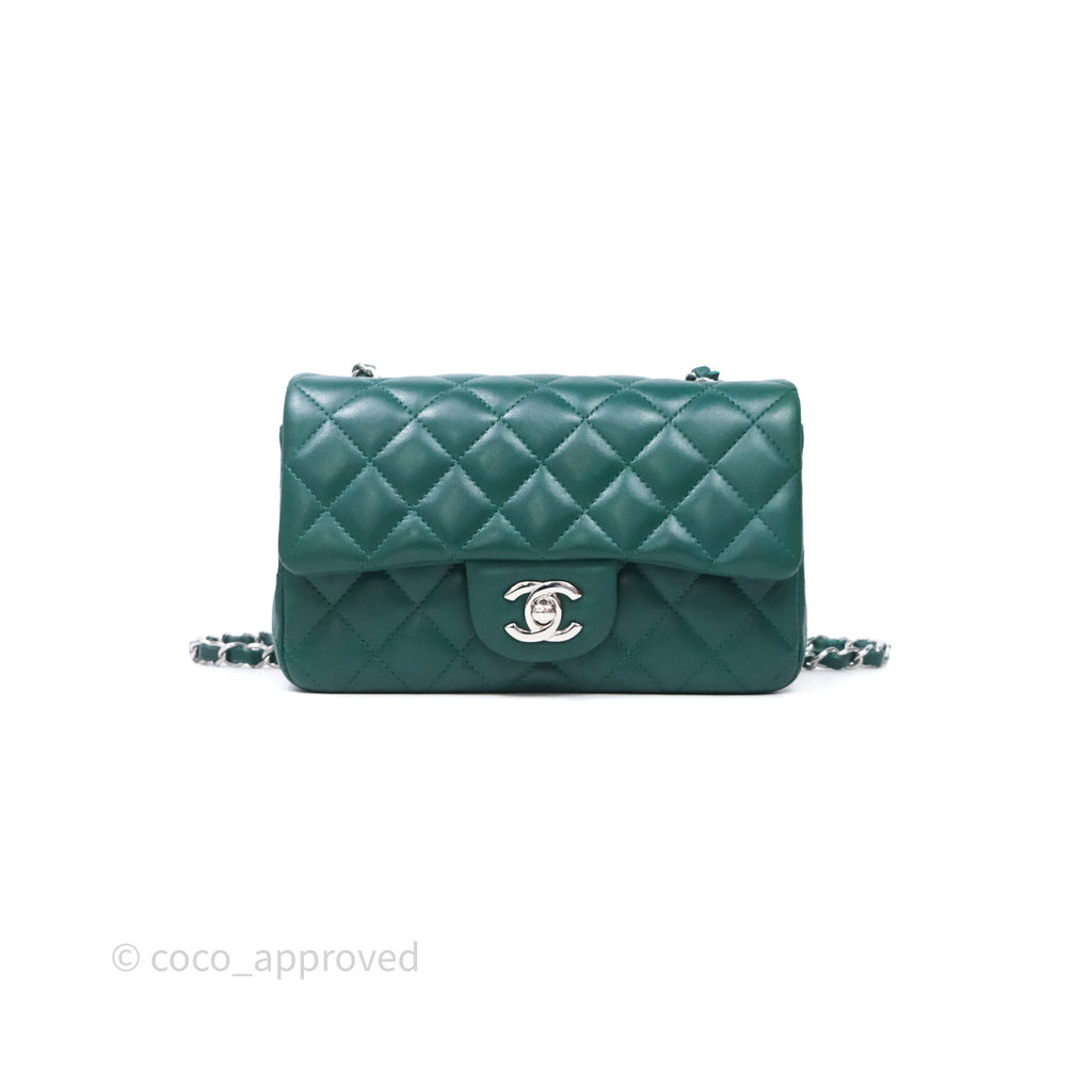 Chanel Mini Rectangular Quilted Lambskin Flap Bag Green Silver Hardware