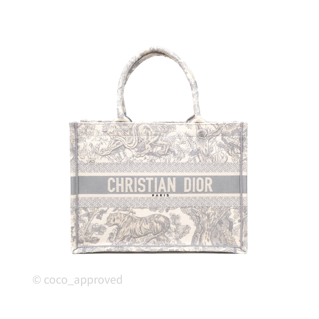 Christian Dior Medium (Old Small) Embroidered Toile De Jouy Light Grey Canvas Book Tote
