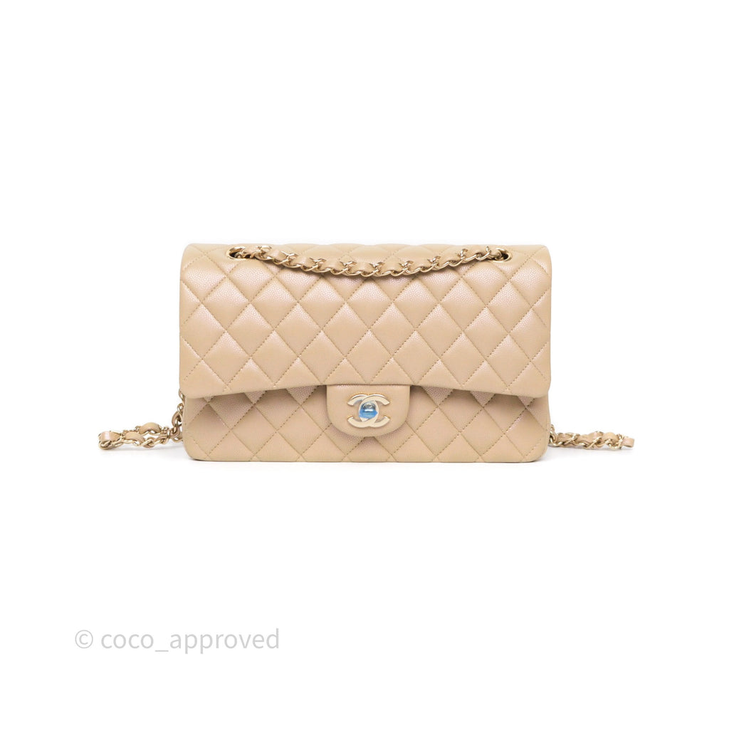 Chanel Classic M/L Medium Flap Quilted Iridescent Dark Beige Caviar Gold Hardware 21S