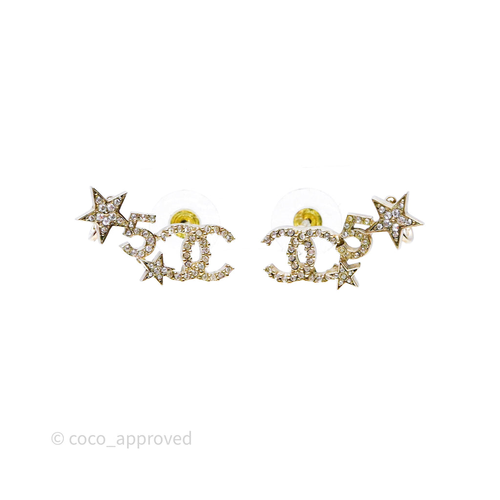 Chanel CC No.5 Star Crystals Earrings Gold Tone 22S