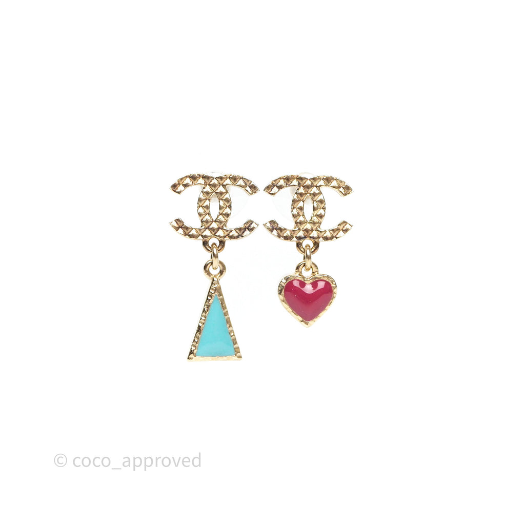 Chanel CC Heart Triangle Drop Earrings Gold Tone 18V