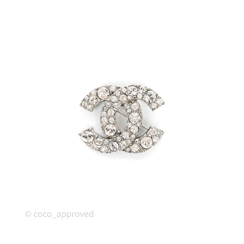 Chanel Crystal CC Brooch Silver Tone 10V