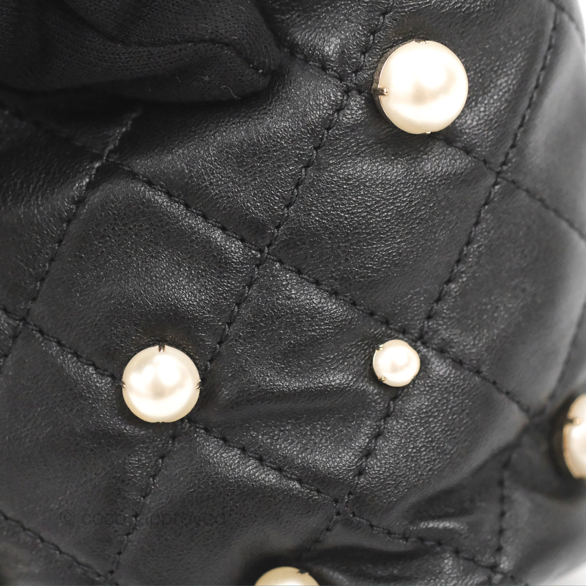 Chanel Quilted Pearl Mini About Pearls Drawstring Bucket Bag Black Cal –  Coco Approved Studio