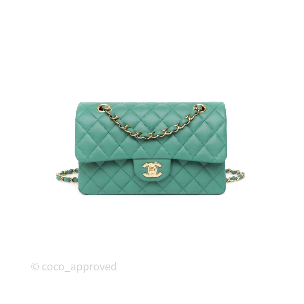 Chanel Small Classic Flap Quilted Green Lambskin Gold Hardware